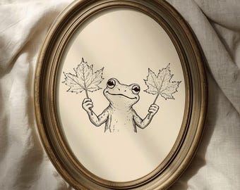 Vintage Frog Holding Maple Leaves Wall Art, Hand Drawn Frog Print, Autumn Nature Decor, Cottagecore Animal Art, Botanical Illustration