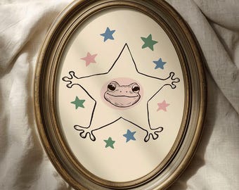 Funny Frog Star Wall Art, Vintage Frog Line Drawing Print, Cute Star Nursery Decor, Whimsical Animal Art, Digital Download