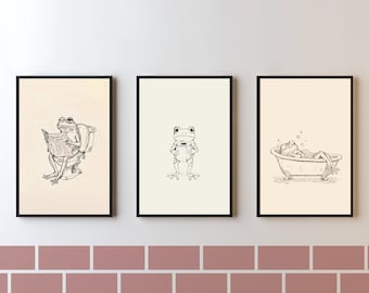 Set of 3 Vintage Frog Bathroom Wall Art, Funny Toilet Animal Prints, Funny Bathroom Art, Farmhouse Bathroom Decor, Hand-Drawn, Digital Print