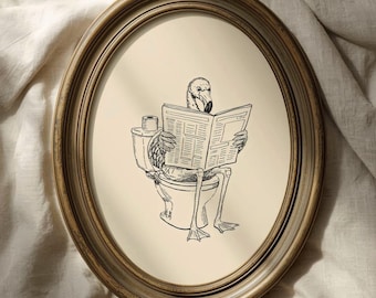 Vintage Funny Flamingo Toilet Print: Humorous Bathroom Art, Hand-Drawn (Digital Download)