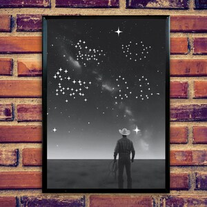 Cowboy Under the Stars-kunstprint: westers zwart-wit (digitale download)