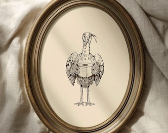 Hand-Drawn Vintage Heron Holding Toilet Paper Print: Humorous Bathroom Art (Digital Download)