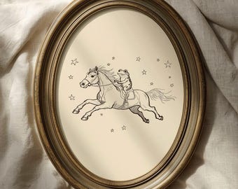 Hand-Drawn Vintage Frog Riding a Horse Print: Western Home Decor (Digital Download)