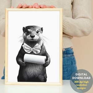 May include: A black and white illustration of an otter wearing a white bow tie and holding a white paper towel roll. The otter is looking directly at the viewer.