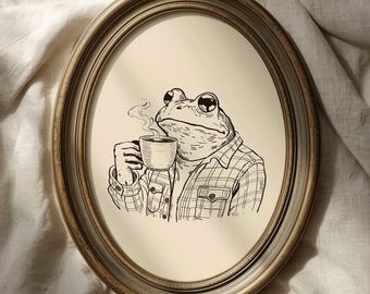 Vintage Funny Frog Drinking Coffee Print: Humorous Frog Art, Hand-Drawn (Digital Download)