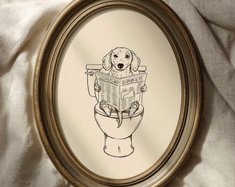 Hand-Drawn Vintage Dachshund Dog Reading Newspaper on Toilet - Funny Bathroom Art (Digital Download)