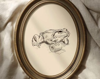 Hand-Drawn Vintage Funny Frog with Toilet Paper Print: Humorous Bathroom Art (Digital Download)