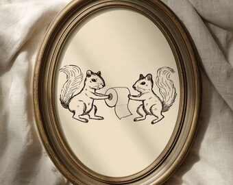 Hand-Drawn Vintage Squirrel Holding Toilet Paper Print: Humorous Bathroom Art (Digital Download)