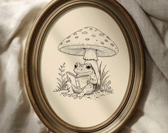 Vintage Funny Frog Reading a Book Under the Mushroom Wall Print, Vintage Reading Nook Wall Art, Hand-Drawn Frog Art (Digital Download)