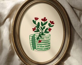 Hand-Drawn Vintage Toilet Paper Flower Wall Art, Funny Bathroom Decor, Sage Green Striped Bathroom Art, Digital Download