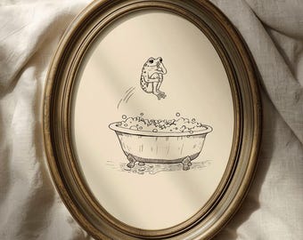 Vintage Funny Frog in Bathtub Wall Art: Humorous Bathroom Art, Hand-Drawn Frog Art Print (Digital Download)
