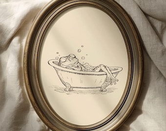 Hand-Drawn Vintage Funny Frog Sleeping in Bathtub Wall Art: Humorous Bathroom Art (Digital Download)
