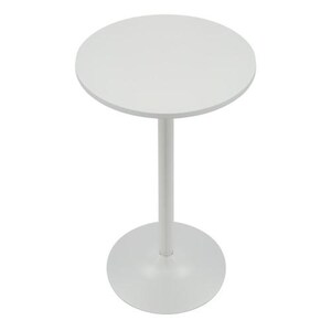 May include: A white, round side table with a single central leg and a circular base. The table is approximately 61 cm tall and the tabletop is about 41 cm in diameter. The design is minimalist and modern.