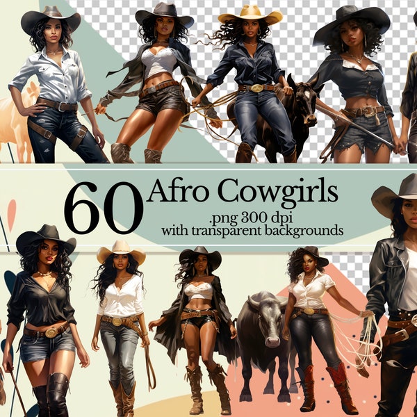 Afro Cowgirl Clipart Bundle - Western , black Cowgirl , Black Women clipart PNG, curvy cowgirls, African women