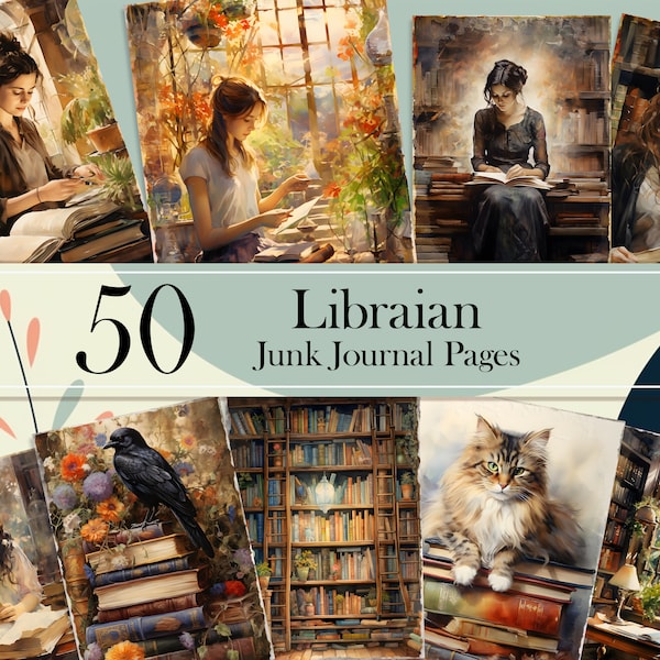 Librarian Library Themed Junk Journal Page, Book Lover Bundle, Literary Digital Art, Vintage Junk Journal Kit, Classic Ephemera Collection