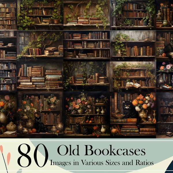 Vintage Bookcase Illustrations - Old Library books- Digital Download, Perfect for Wall Art and Junk Journals - 80 High-Quality png images