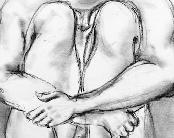 Original Male Nude Charcoal Sketch Figure study from live model in studio workshop
