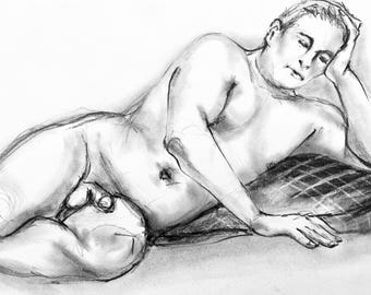 Original Male Nude Figure Study Charcoal Sketch from live model in studio workshop