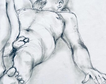 Original Male Nude Figure Study Charcoal Sketch from live model in studio workshop