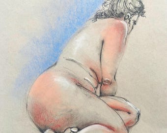 Original Female Nude Charcoal and Pastel Sketch created using live model in studio workshop