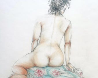 Original Female Nude Charcoal and Pastel Sketch