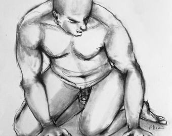 Original Male Charcoal Nude Sketch from live model