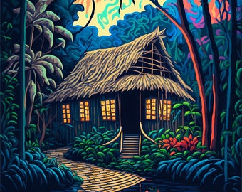 KI-generierte Dschungelhütten-Druck hochauflösende Bild-Wanddeko