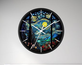 Starry Night Clock, Stained Glass Window Design Clock, Moon Wall Clock, Silent Clock, Floral Decor, Home Decor, Full Moon Decor, Gift, 10"