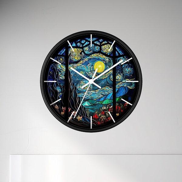 Starry Night Clock, Stained Glass Window Design Clock, Moon Wall Clock, Silent Clock, Floral Decor, Home Decor, Full Moon Decor, Gift