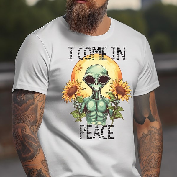 Alien UFO Sunflower Shirt, I Come In Peace, Retro Style Design Tee, Funny Alien Shirt, Comfort Colors T-shirt, Custom T-Shirt, Cool Edgy Tee