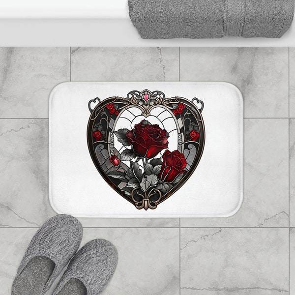 Rose in Heart Shaped Bath Mat, Stained Glass Window Design, Bathroom Decor, Roses Bathmat Design, Rug, Birthday Gift, Mother's Day Gift