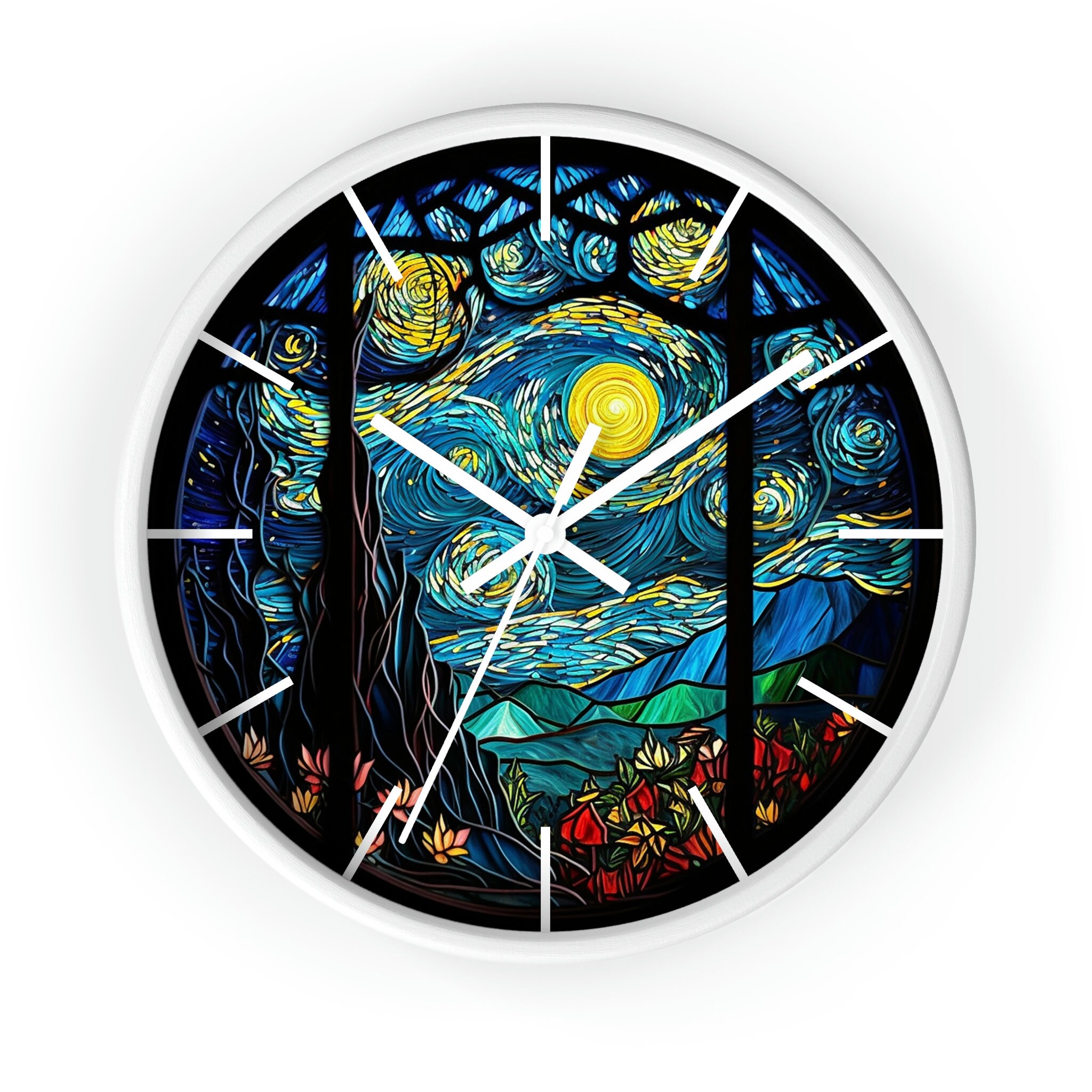 Starry Night Clock, Stained Glass Window Design Clock, Moon Wall Clock ...