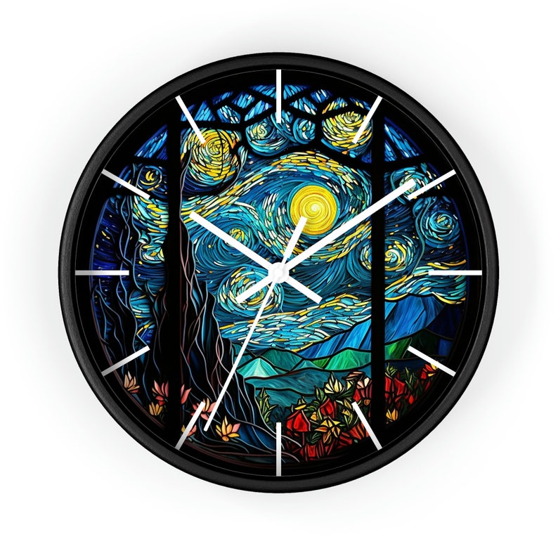 Starry Night Clock Stained Glass Window Design Clock Moon - Etsy