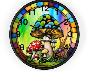 Reloj de hongo, regalo de reloj único, diseño de vitral, decoración del hogar, reloj único, idea de regalo, diseño de atrapasol de 25 cm de ancho.