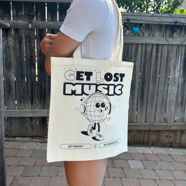 Retro Tote Design, schattig, esthetisch, muziektas, boodschappentas, vintage, ecologisch, groovy, unisex, record, cadeaus voor haar, man, lied, DJ