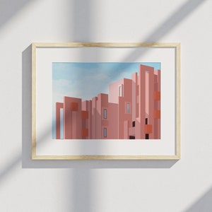 Può includere: Un'illustrazione incorniciata di un edificio rosa con un cielo blu sullo sfondo. L'edificio ha un design moderno e geometrico con più finestre e balconi.