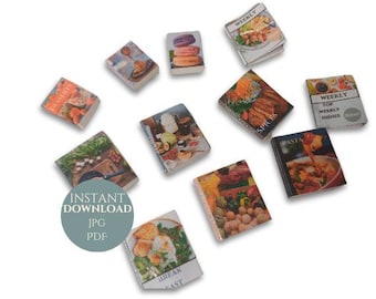 May include: A collection of miniature cookbooks with various food themes, including desserts, spices, pasta, and weekly dishes. The books are printed with colorful images and text.