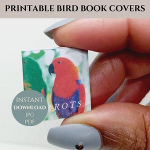Puede incluir: Portada de libro imprimible con un primer plano de un loro rojo y azul con follaje verde en el fondo. El texto "Descarga instant&aacute;nea JPG PDF" es visible en la esquina inferior izquierda.