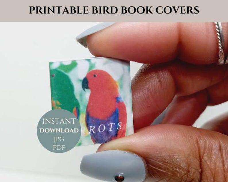 Puede incluir: Portada de libro imprimible con un primer plano de un loro rojo y azul con follaje verde en el fondo. El texto "Descarga instant&aacute;nea JPG PDF" es visible en la esquina inferior izquierda.