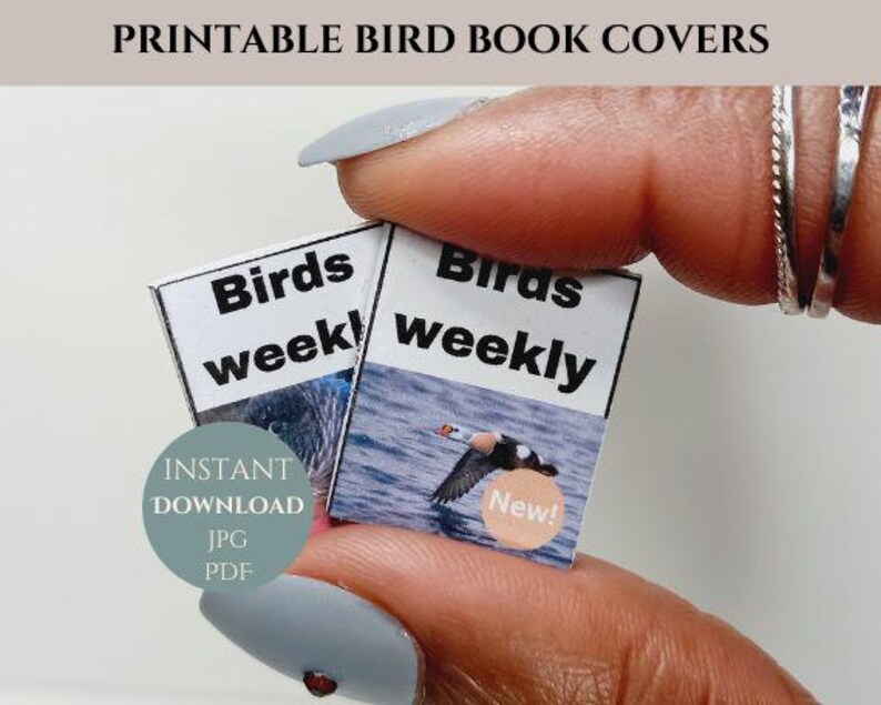 Puede incluir: Dos portadas de libros imprimibles con el texto "Birds weekly" en ellas. Una portada presenta una garza azul y la otra presenta un pato en vuelo. El texto "New!" est&aacute; en la portada del pato.