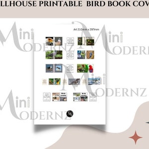 Puede incluir: Cubiertas de libros imprimibles para una casa de mu&ntilde;ecas con varias ilustraciones de p&aacute;jaros. Las cubiertas est&aacute;n dise&ntilde;adas para papel A4, que mide 210 mm x 297 mm. Las cubiertas presentan una variedad de p&aacute;jaros, incluyendo un arrendajo azul, un cardenal, un petirrojo y un colibr&iacute;.