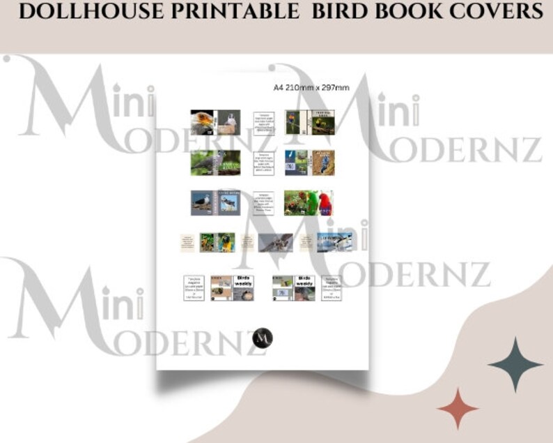 Puede incluir: Cubiertas de libros imprimibles para una casa de mu&ntilde;ecas con varias ilustraciones de p&aacute;jaros. Las cubiertas est&aacute;n dise&ntilde;adas para papel A4, que mide 210 mm x 297 mm. Las cubiertas presentan una variedad de p&aacute;jaros, incluyendo un arrendajo azul, un cardenal, un petirrojo y un colibr&iacute;.