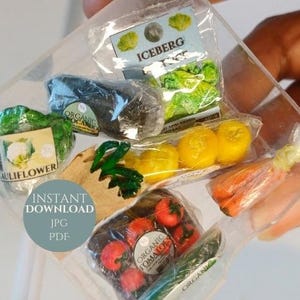 May include: A clear plastic container filled with miniature plastic produce, including cauliflower, iceberg lettuce, organic tomatoes, organic avocado, carrots, and lemons. The produce is packaged in clear plastic bags with labels that say "Organic Cauliflower", "Organic Avocado", "Iceberg Lettuce", "Organic Tomatoes", and "Organic".