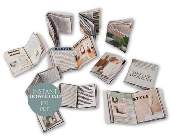 Puede incluir: Una colección de revistas en miniatura con varios temas de diseño, que incluyen "Modern Homes", "Home Design", "Office Designs" y "Style". Las revistas están dispuestas sobre una superficie blanca y presentan portadas coloridas con texto e imágenes.