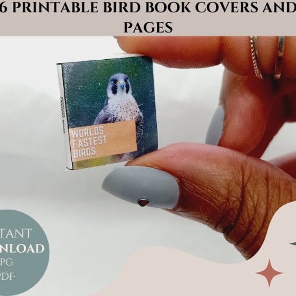 6 Printable readable miniature bird book covers and pages with illustrations and various topics digital download easy print jpeg and pdf