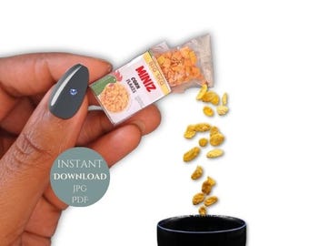 Embalagens de alimentos em miniatura: acessórios para impressão em casa de bonecas (PDF, JPG)