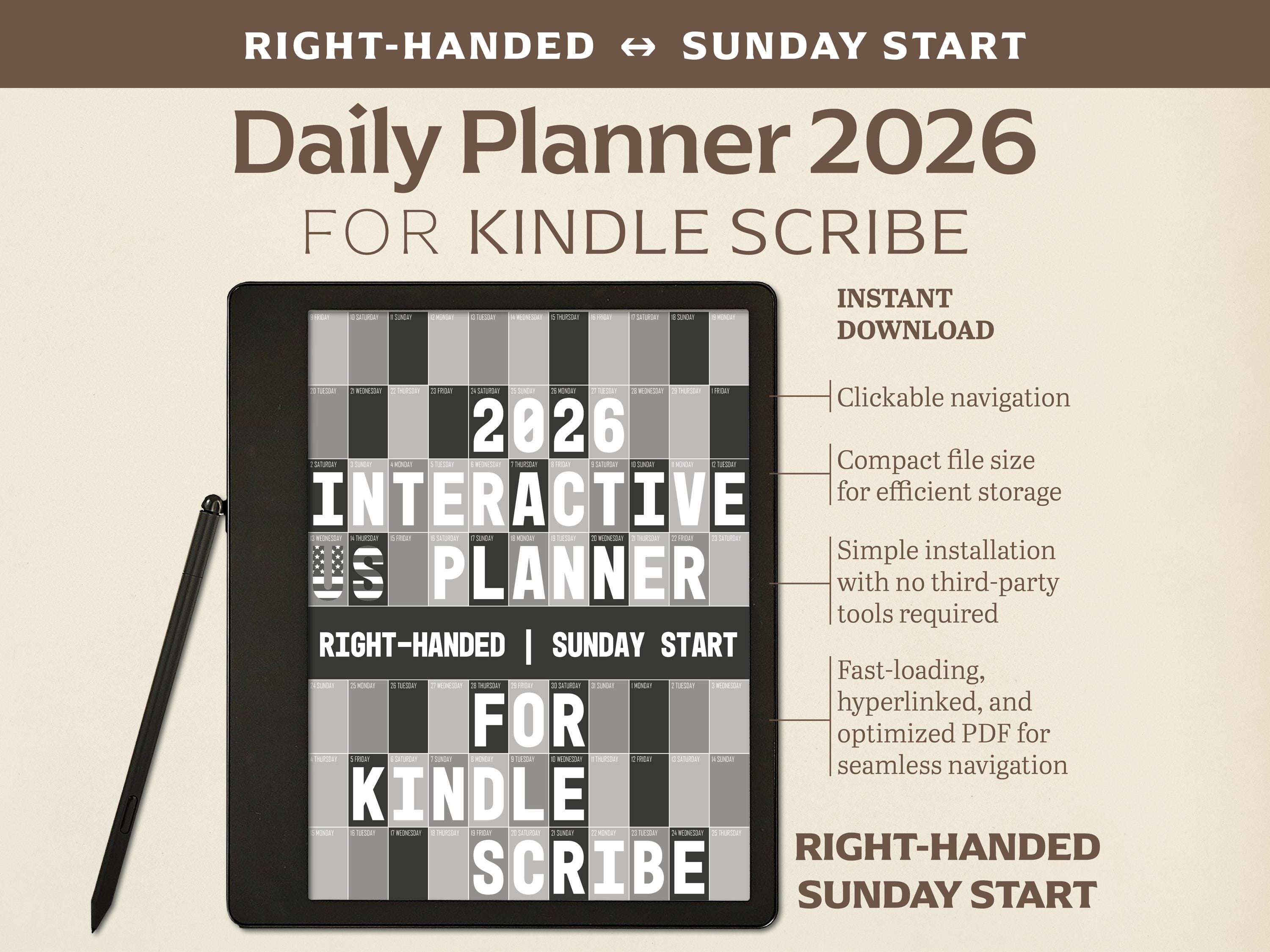 Kindle Scribe用2026年デジタルデイリープランナー：右利き用、日曜