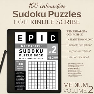 100 Sudoku Puzzles for Kindle Scribe | Medium | Volume 2 | Interactive Puzzle | Perfect for Remarkable 2 | With Hyperlinks