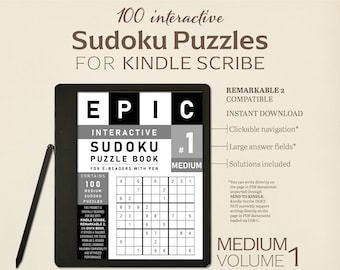 Op de afbeelding: Een zwart-grijze e-reader met een stylus, die een Sudoku-puzzelboek met 100 puzzels van gemiddelde moeilijkheidsgraad weergeeft. Het boek is compatibel met Kindle Scribe en Remarkable 2 e-readers. De titel van het boek is "EPIC Interactive Sudoku Puzzle Book" en het bevat klikbare navigatie, grote antwoordvelden en oplossingen.