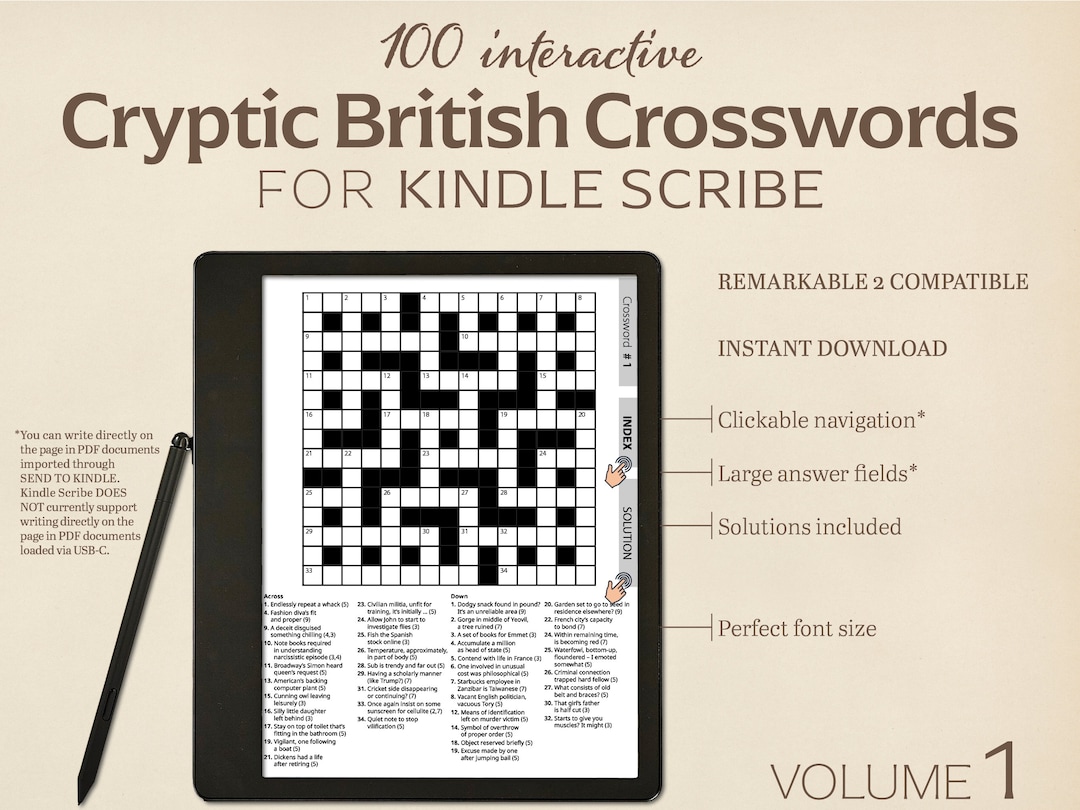 100 Cryptic British Crosswords for Kindle Scribe Volume 1 Interactive